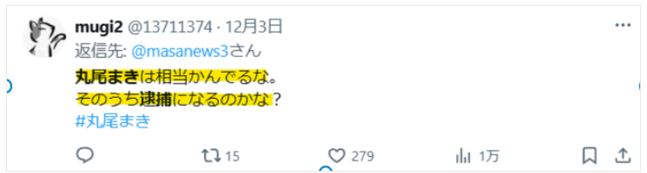 丸尾まき氏が逮捕の可能性の声